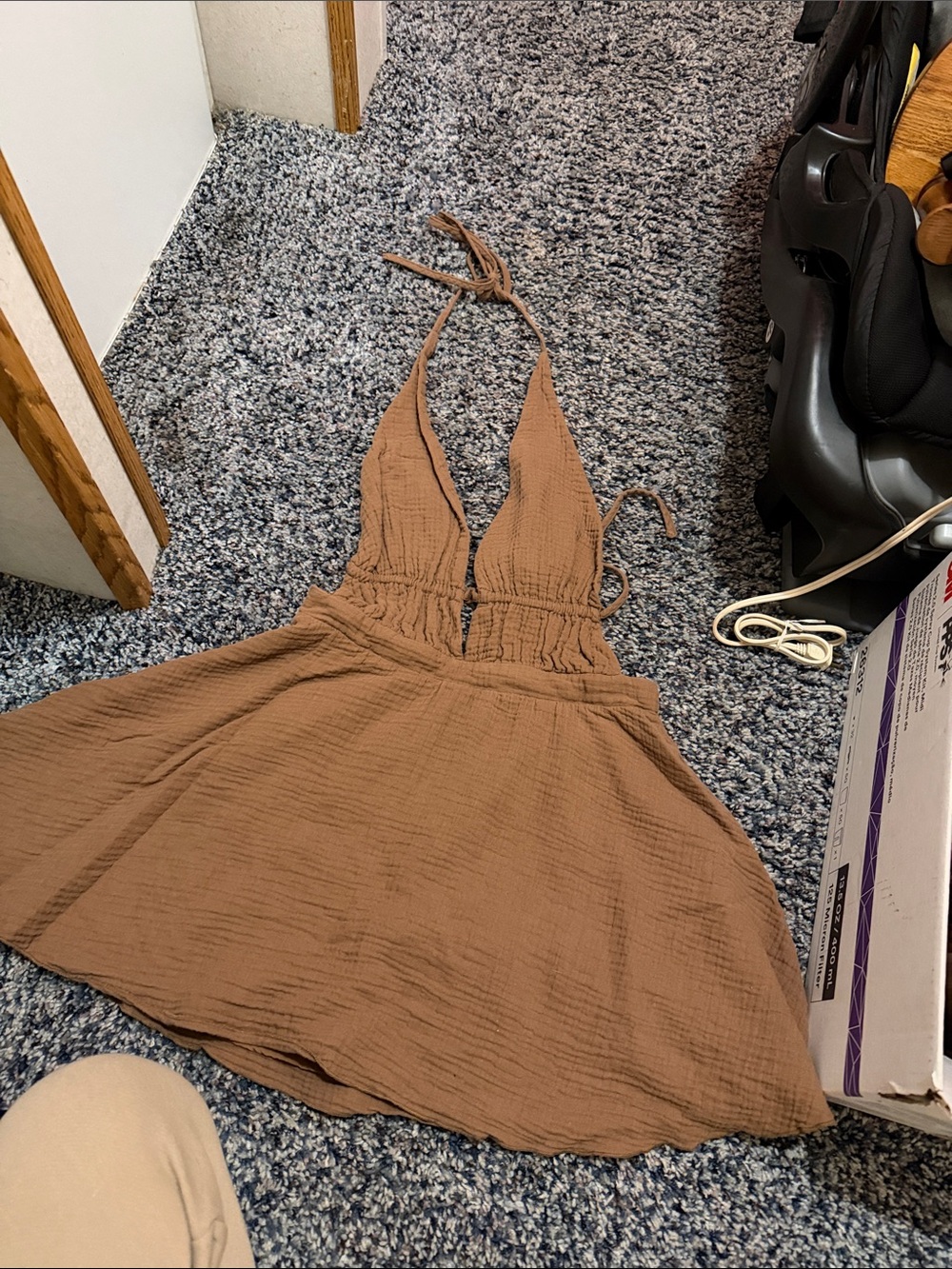 Muse Deep V Halter Mini Dress in Brown